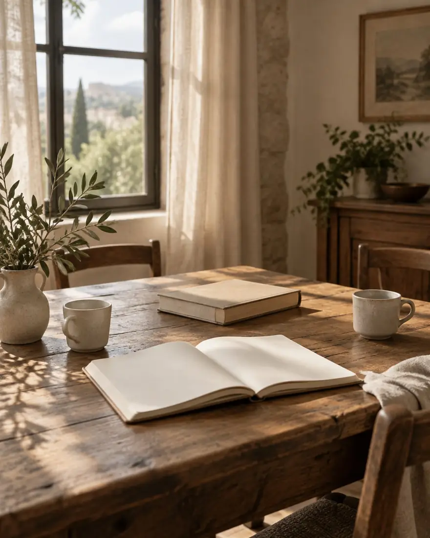 A quiet reading table with blank notebook and tea cups, AI illustration